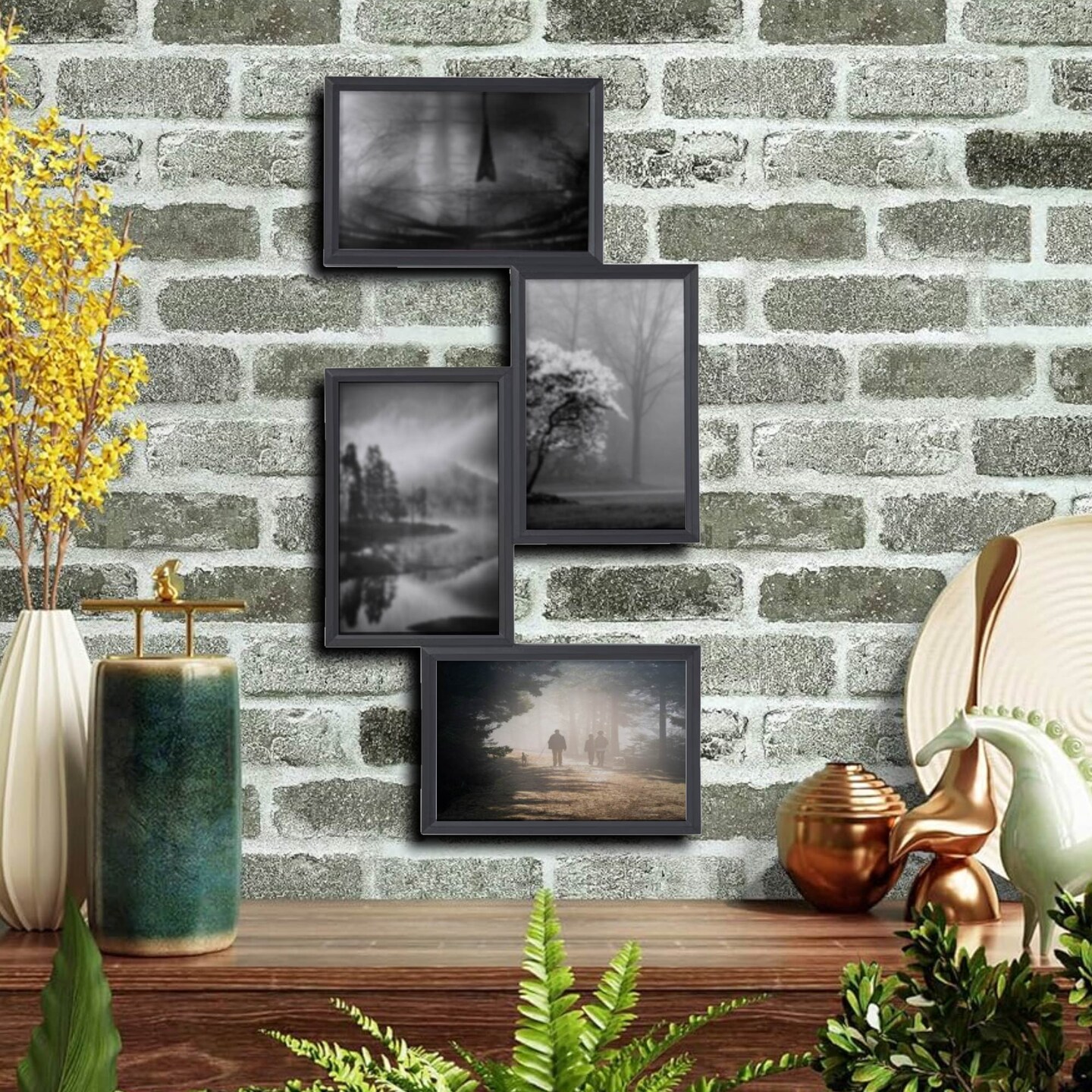 Black 4-Photo Collage Frame 8¼" x 16¼" – Versatile Vertical or Horizontal Hanging, Durable Lightweight Plastic