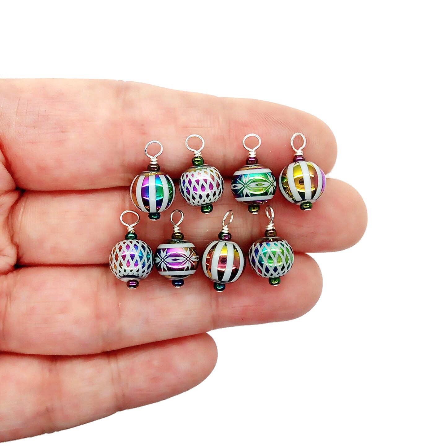 Tiny Christmas Ornaments, 8 pieces with Hooks, Miniature Glass Balls for Dollhouse Tree, Adorabilities