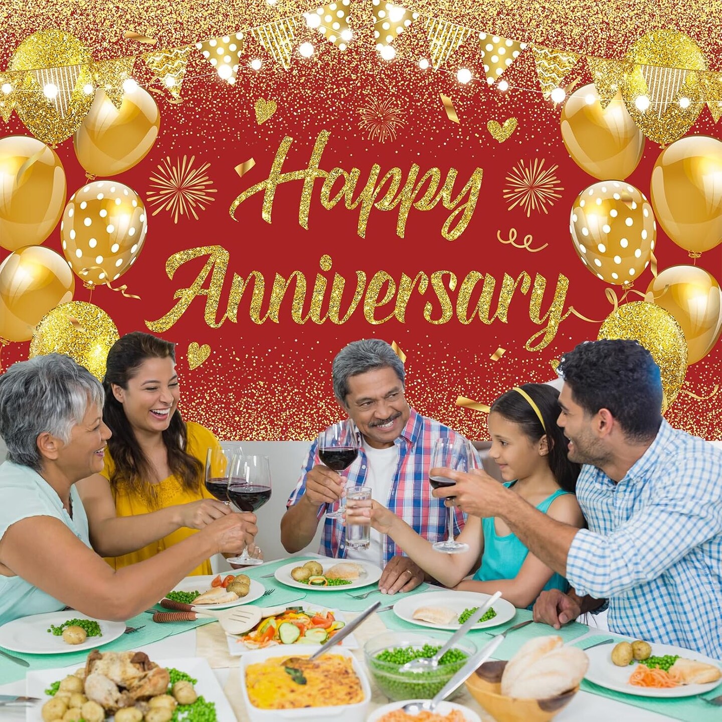 43 Inch-Wedding Anniversary Banner Red Gold Happy Decorations (Gold) 70.87 inches x 43.31 inches