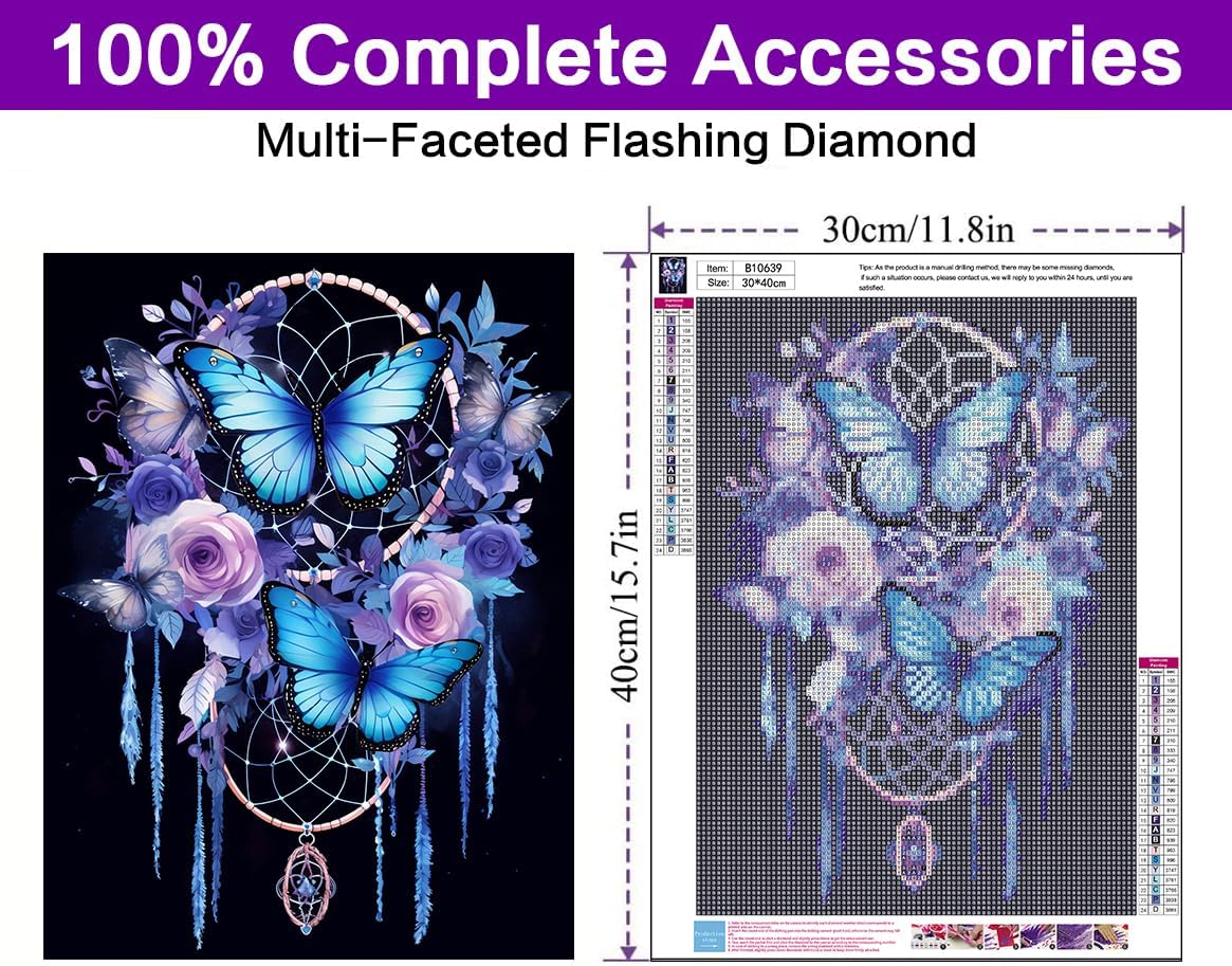 Dream Catcher 5D Diamond Art Kits – Butterfly Diamond Painting for Adults Beginners, DIY Full Round Drill Gem Art, Home Wall Decor 12 x 16 Inch