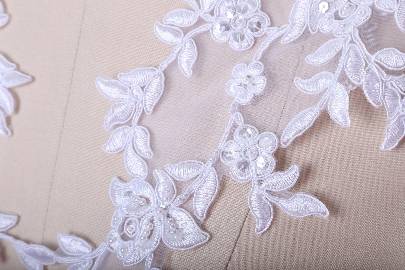 1 Pair White Beaded Floral Lace Applique 16" Elegant Bridal Gown Or Veil Embellishment