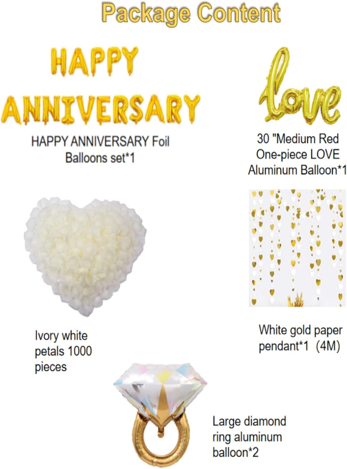 White and Gold Anniversary Decorations - Balloons, Banner, Rose Petals