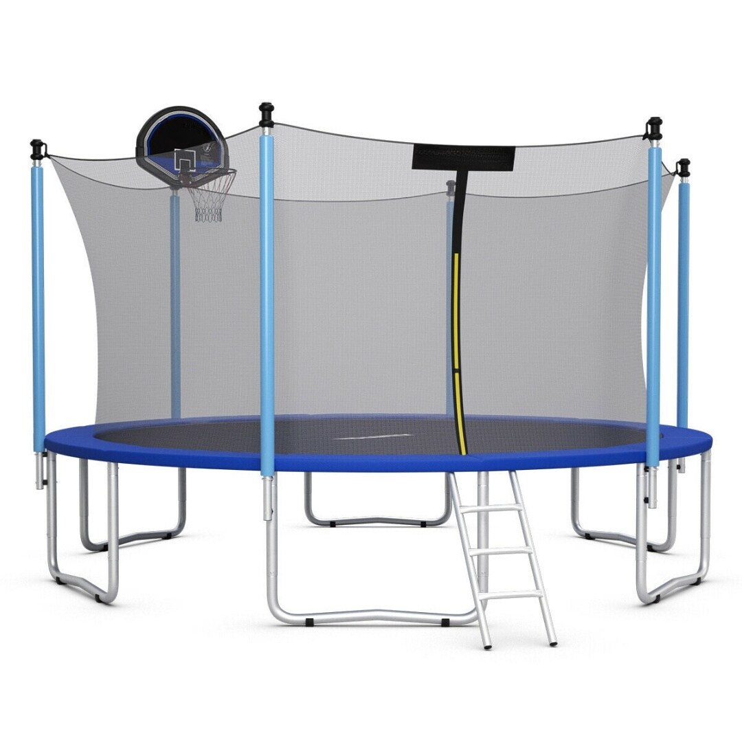14 Feet Outdoor Trampoline with Safety Enclosure Net Basketball Hoop Ladder and Heavy-Duty Frame