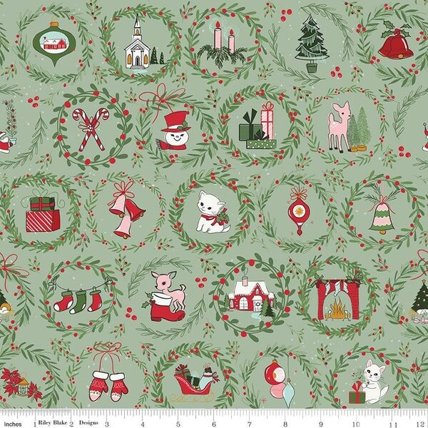Wreaths in Sage (c16401-sage) | Mistletoe &#x26; Holly | Beverly McCullough | Riley Blake