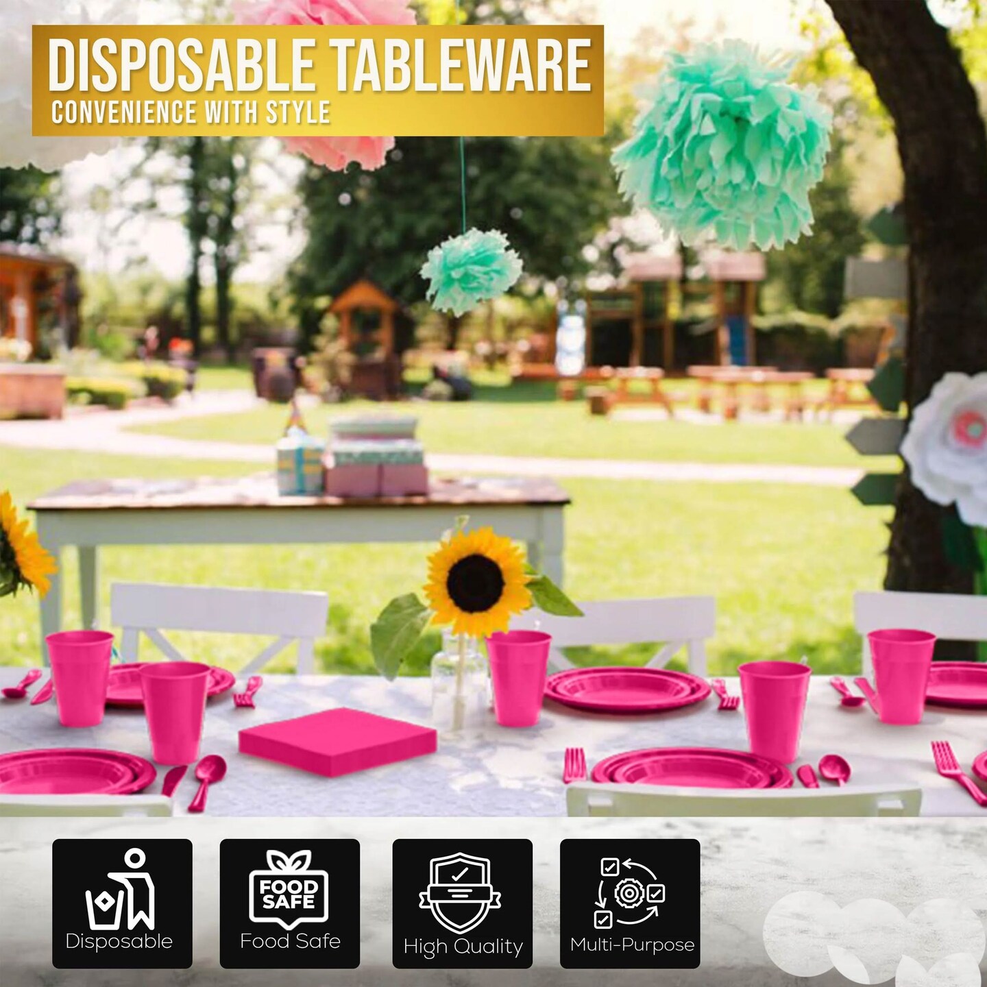 350 Count Hot Pink Plastic Plates and Utensils Combo Set for Wedding, Birthday, and Baby Showers