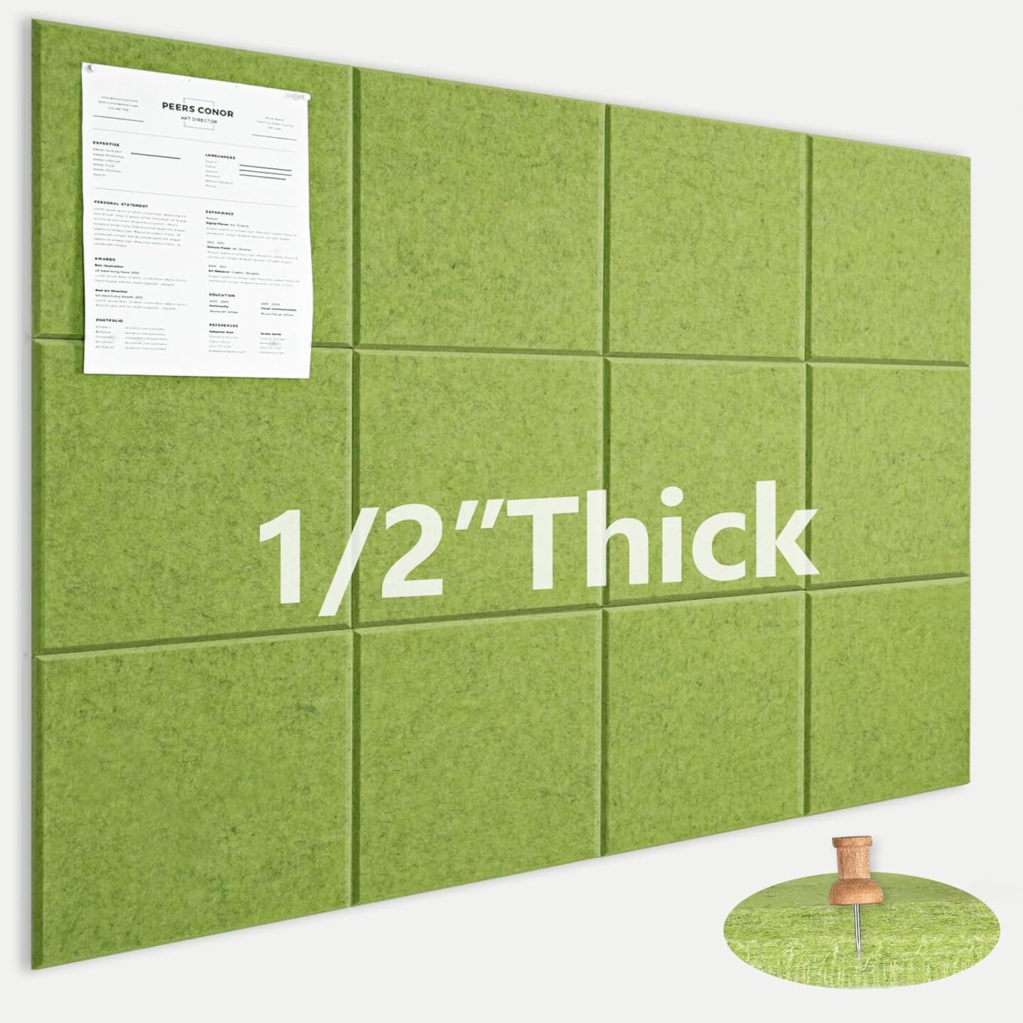 48"x36"-12 Pack Felt Wall Tiles with 35 Push Pins, Thicker 0.47in, Felt Bulletin Board (Matcha Green) 48" x 36" 12 Pack