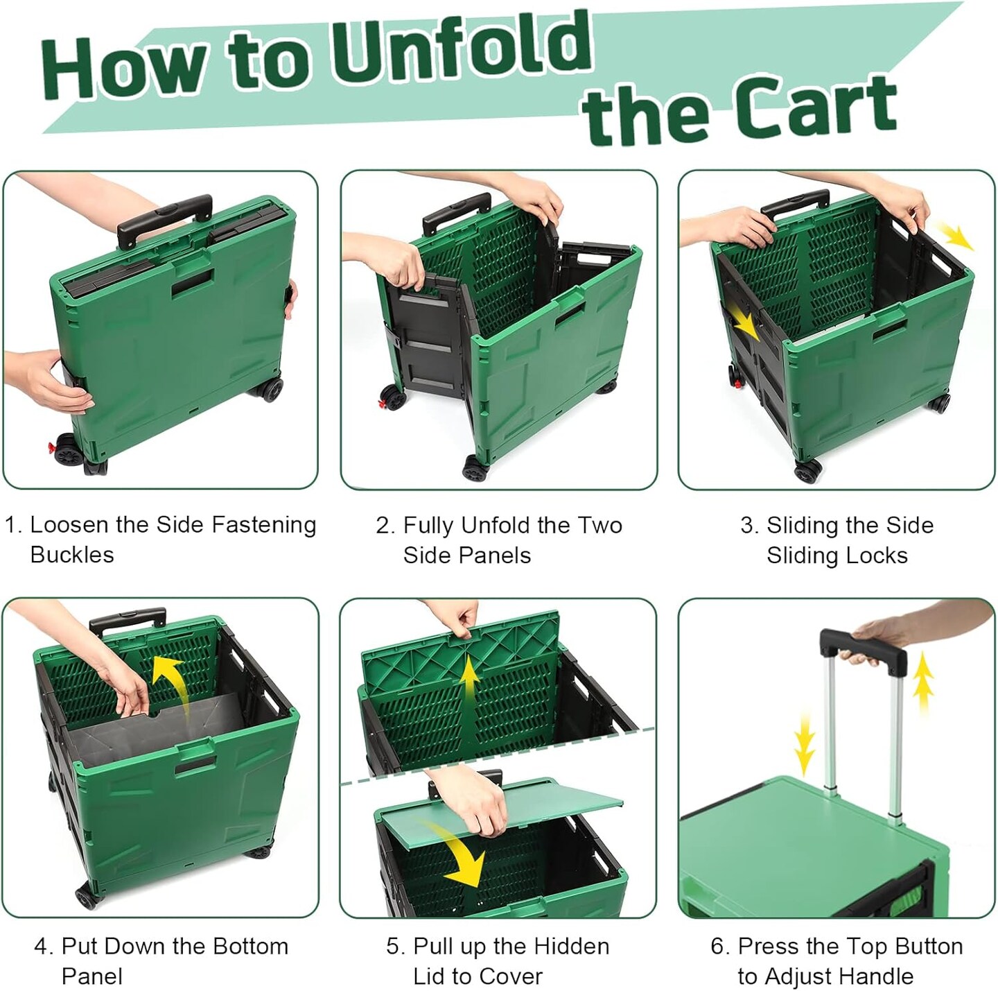 Folding Utility Cart Rolling Crate Handcart with Durable Heavy Duty Plastic Telescoping Handle Collapsible Hidden Lid 4 Rotate Wheels for Travel Shop Move Office Teacher Use(Dark Green&Black)
