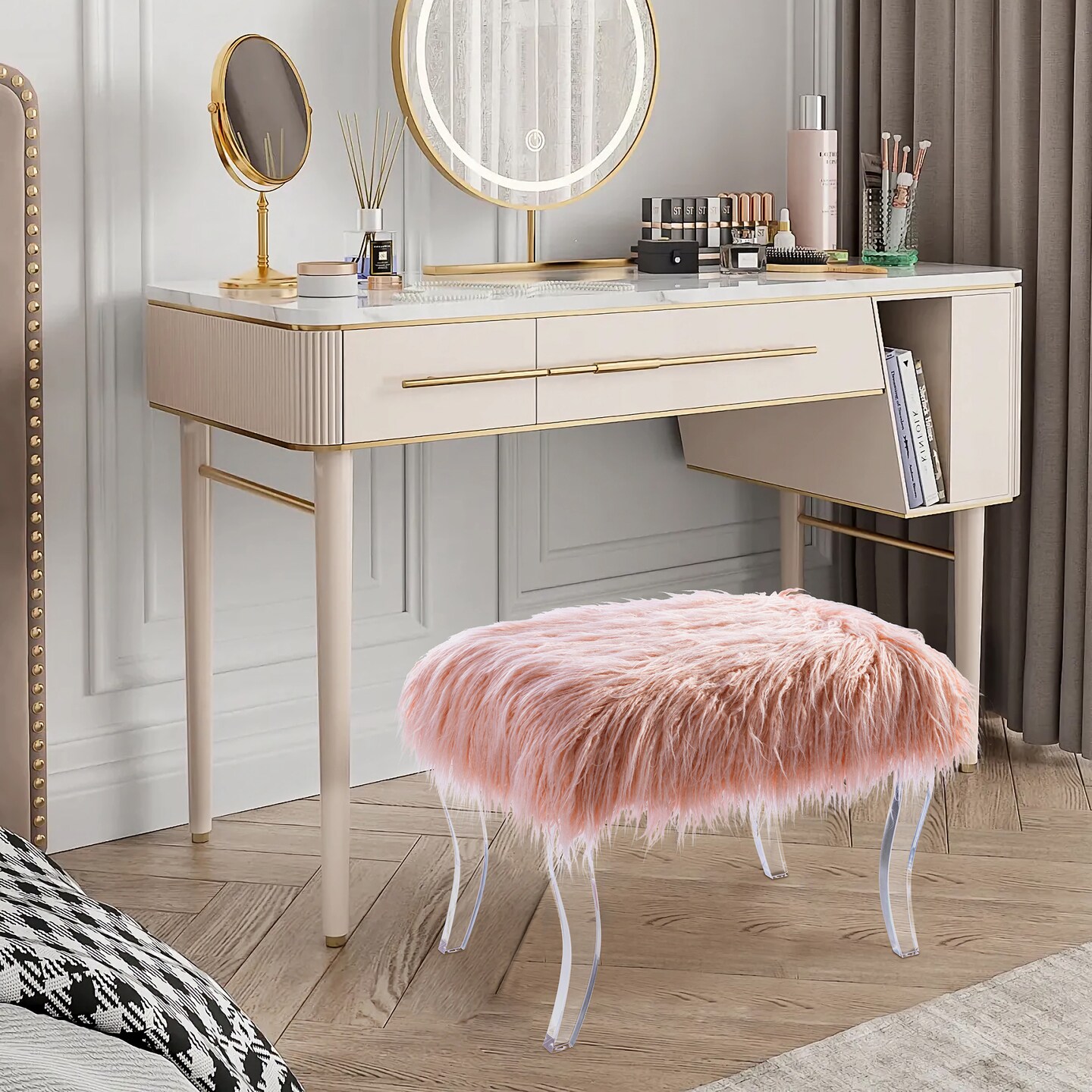 24.00&#x22;L/25.50&#x22;L Pink Faux Fur Acrylic Bench