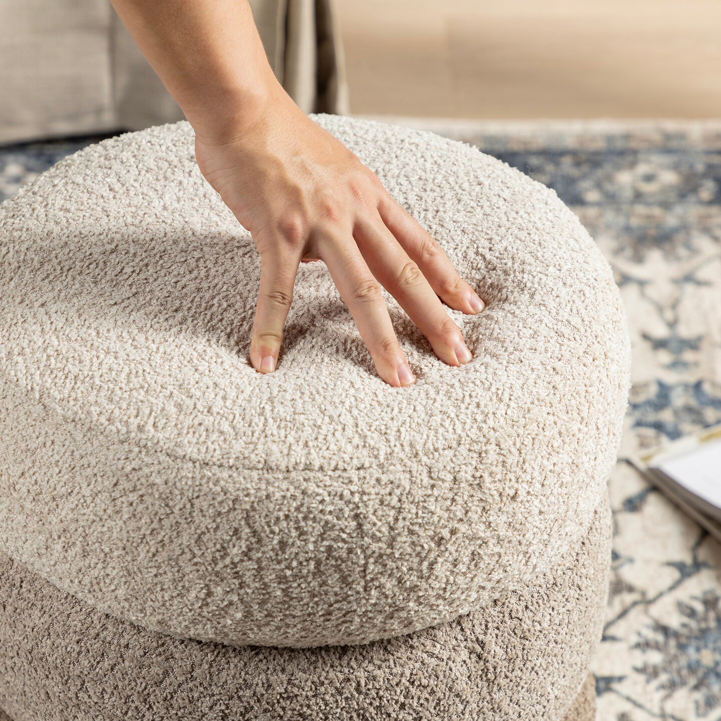 Modern Gradient Upholstered Storage Ottoman or Accent Stool with Rubberwood Ball Feet