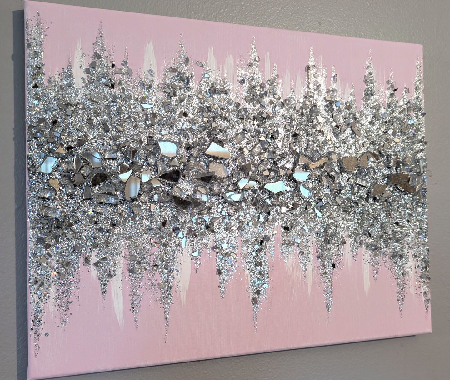 Light Pink Silver Glitter Glass Painting, Angel Feathers Crushed