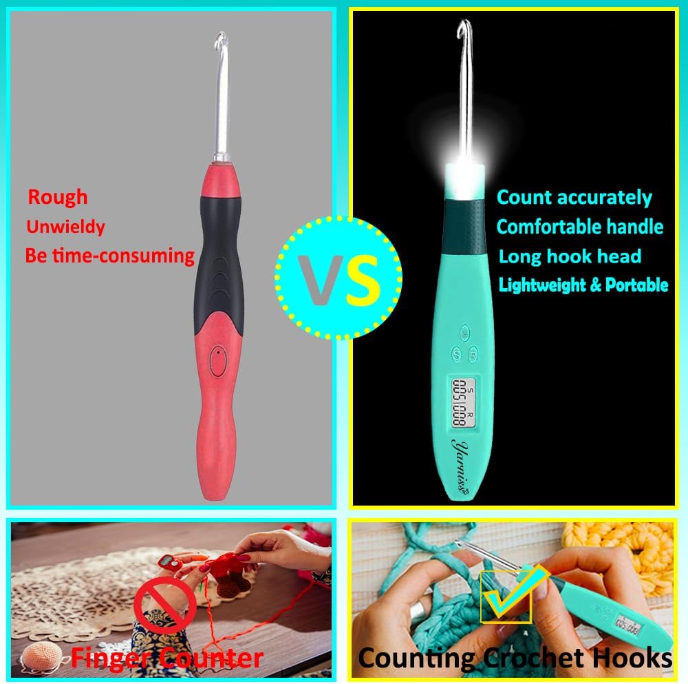 18 Size Counting Crochet Hooks with Light (Turquoise-18 Size with Light & Counter)