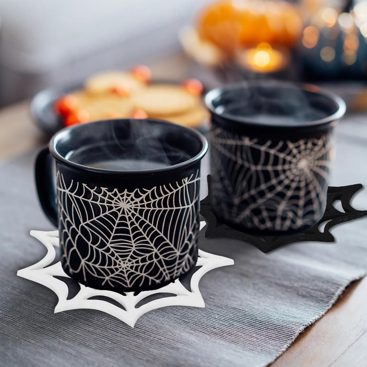 16 Pcs Felt Halloween Coasters - Black, White Spider Web