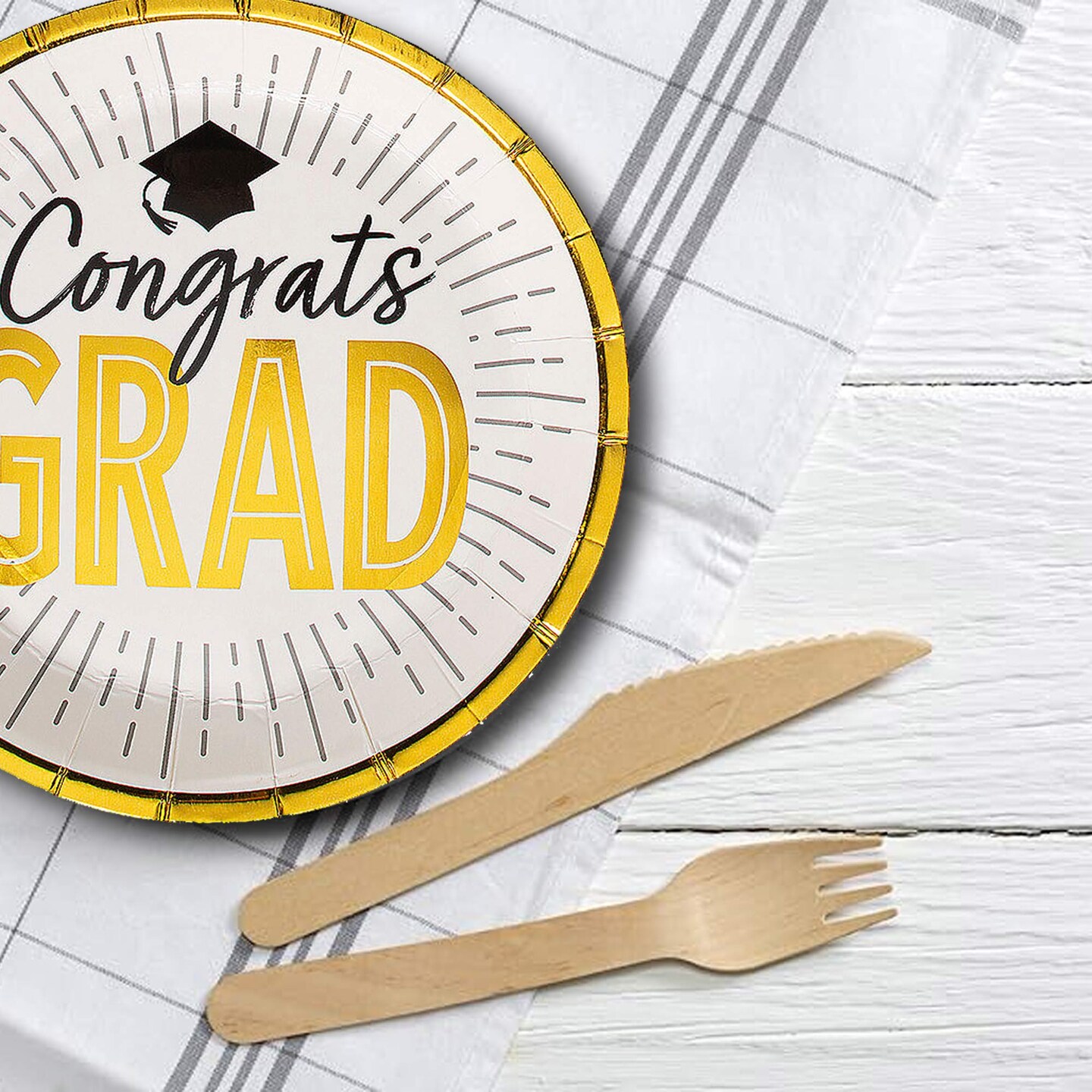 25 Count Black and Gold Graduation Party Congrats Grad Paper Dessert Plates 7 Inch
