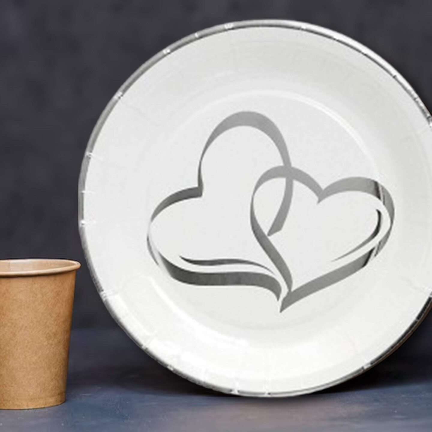 25 Count Silver Foil Two Hearts Paper Dessert Plates Perfect for Weddings and Bridal Showers