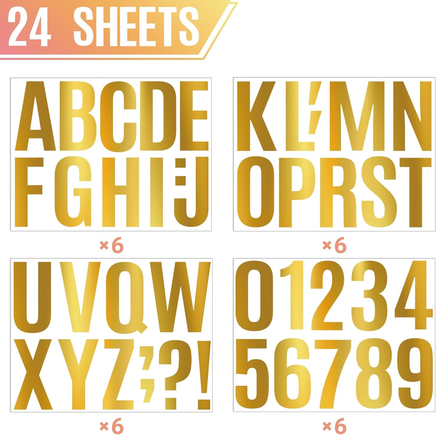 24 Sheets Gold Jumbo Letter Stickers, 4 Inch Large Vinyl Alphabet & Number Decals, Waterproof Peel-and-Stick ABCs for Bulletin Boards, Posters, Mailboxes & Windows