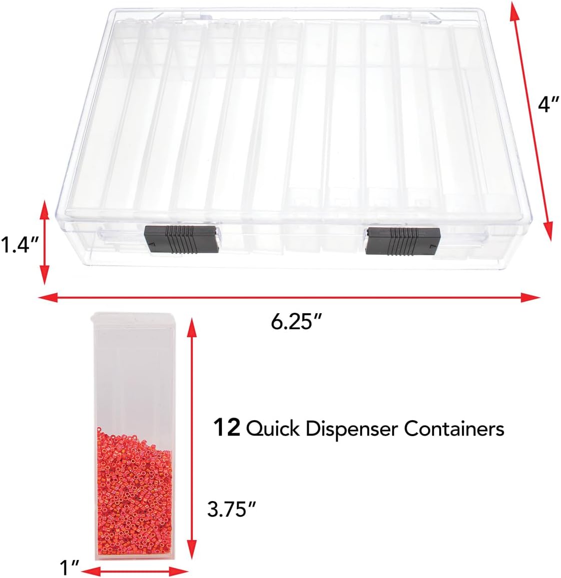 The Beadsmith Personality Case - Clear Storage Organizing System 6.25 x 4 x 1.4 inches - Includes 12 flip top Boxes 1 x 3.75 inches each, for organizing and storage