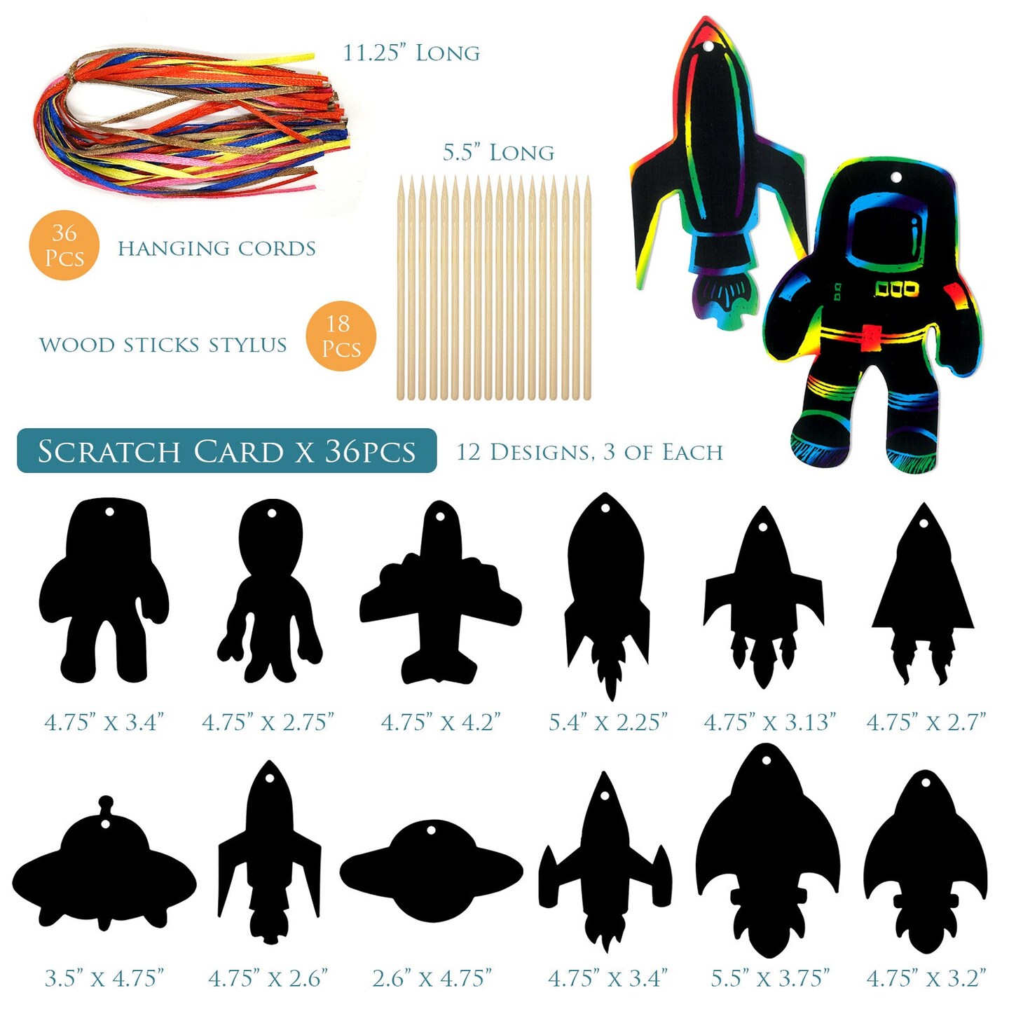 Wrapables 36pc Rainbow Scratch Arts Ornaments, DIY Magic Scratch Arts and Crafts, Outer Space