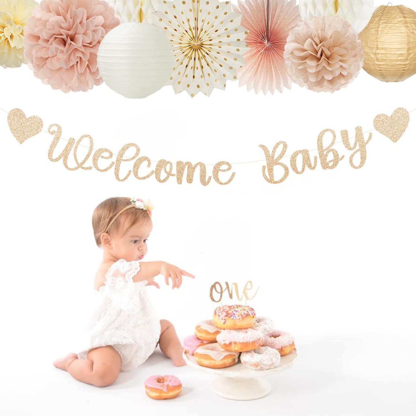 21pcs Girls Welcome Baby Banner,Beige One Sweet Peach Paper Lanterns Pom Poms