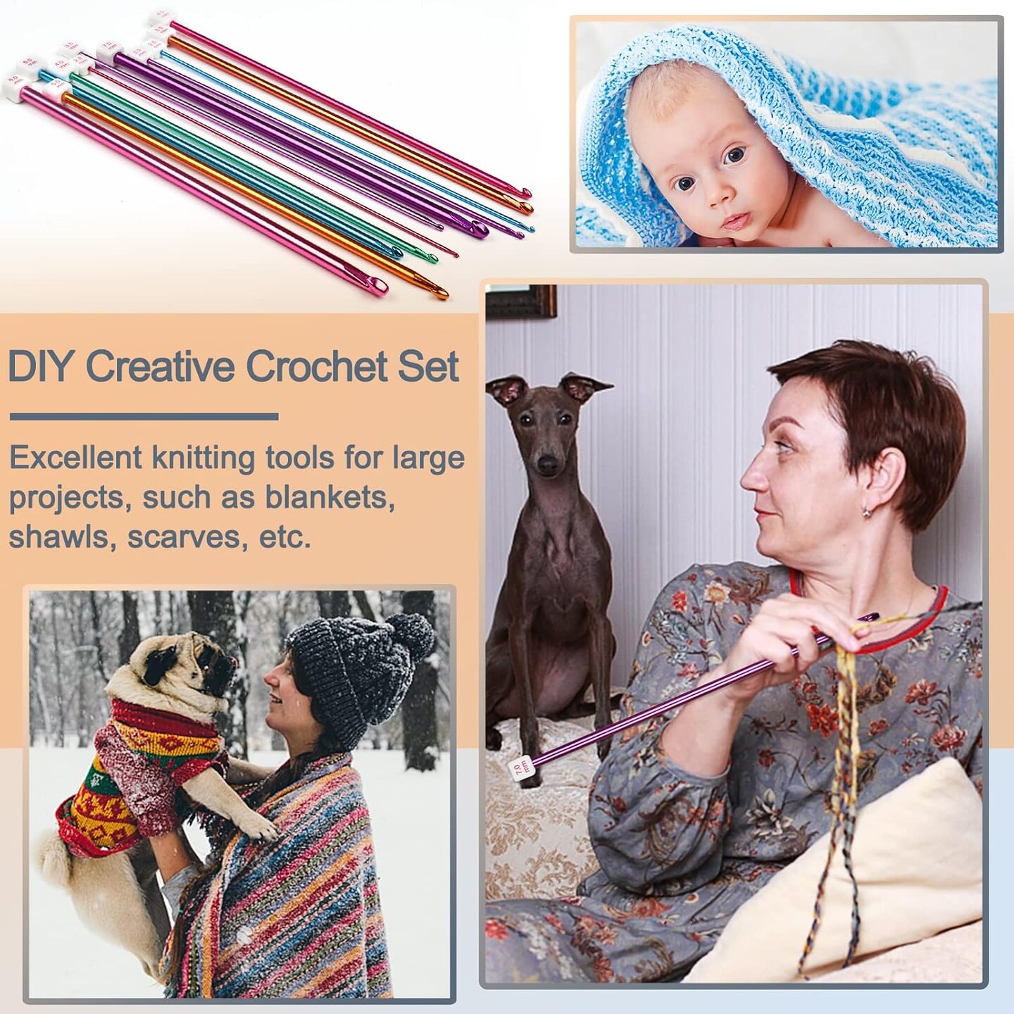 11pcs Tunisian Multicolor Afghan Crochet Needles (Vibrant Metallic Style)