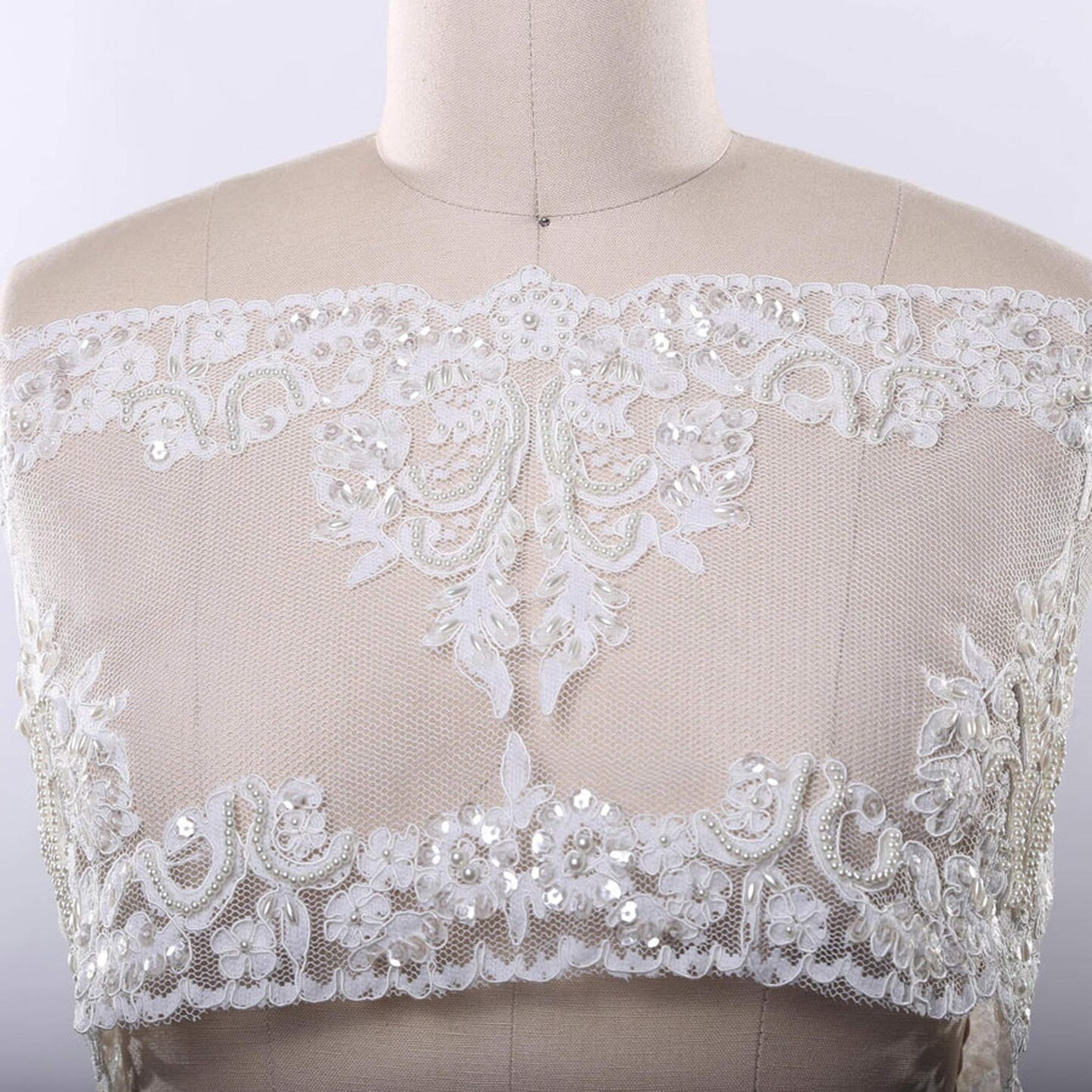 1 Yard White Lace Trim 9 Inch Sequin Beaded Bridal Veil Mesh Embellishment