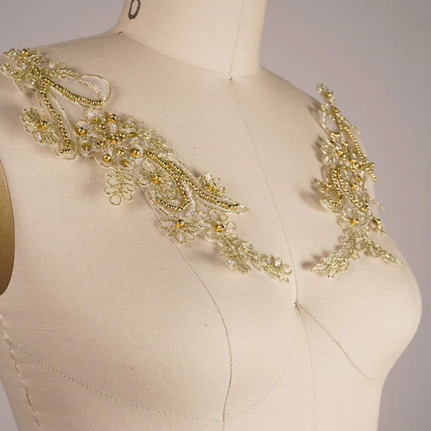 2 Piece Gold Beaded Lace Patch Applique 9 Inch Symmetrical Alencon for Costumes and Gowns