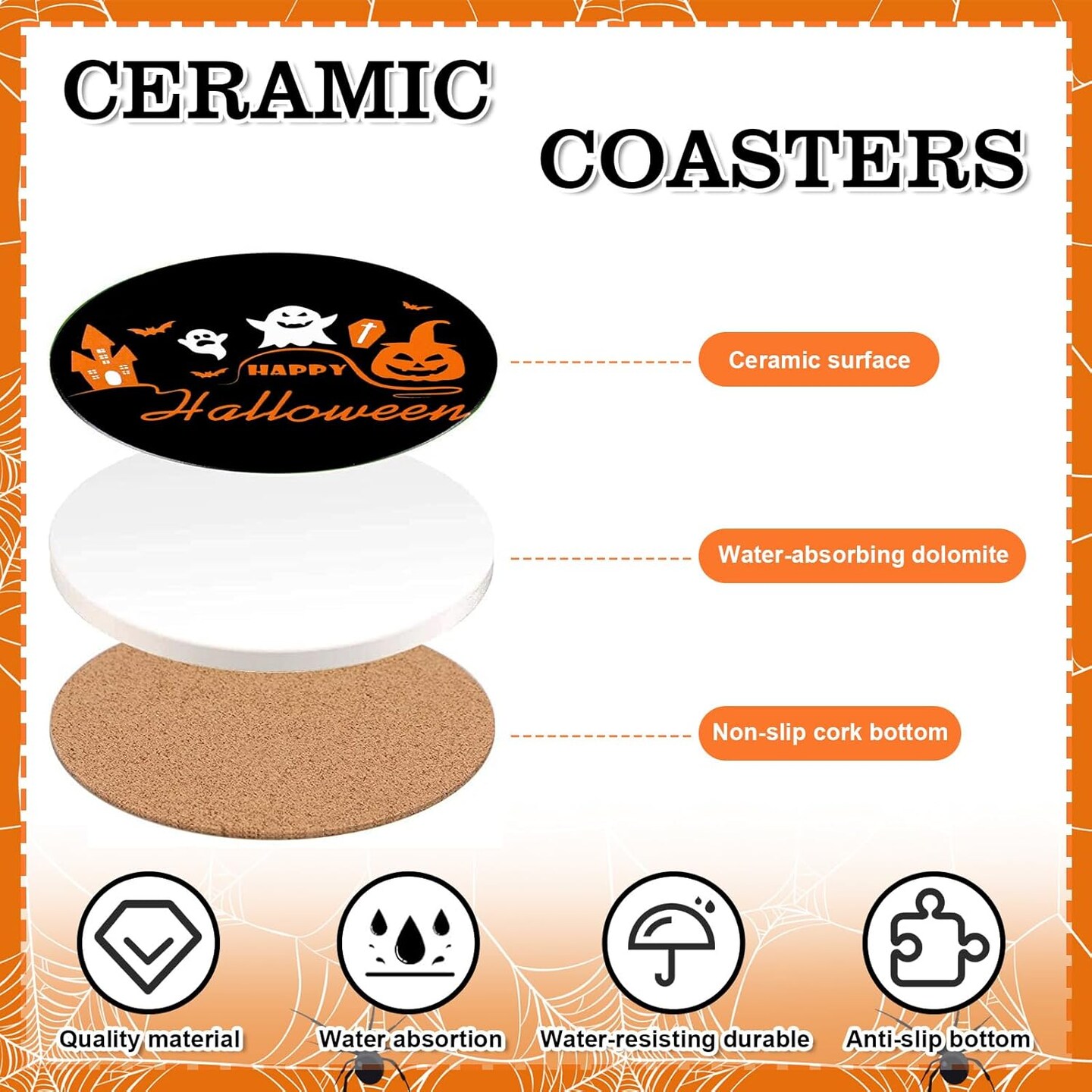 4Pcs Halloween Coasters Orange Black Round Ceramic Coaster Trick