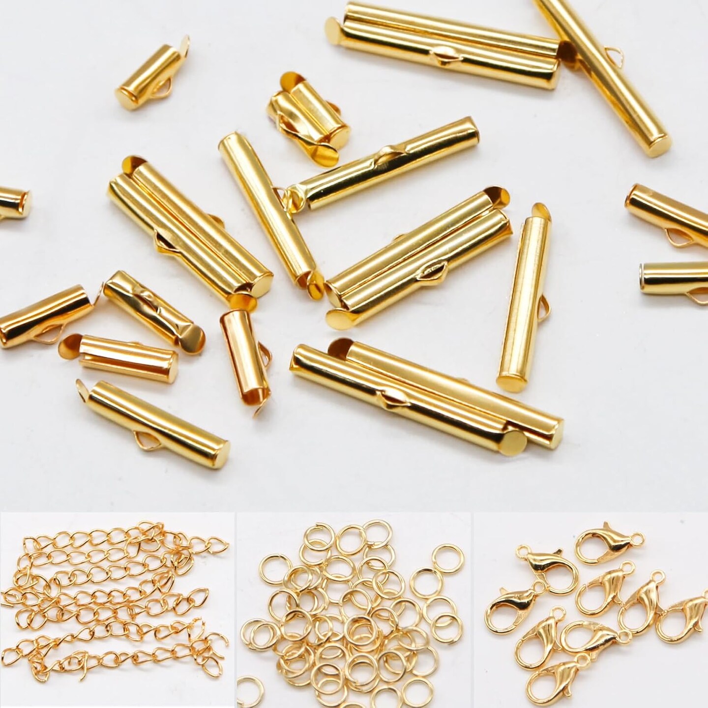 All Size Slider Clasp for Beading Slide Tube Cord for Jewelry Making (Gold)