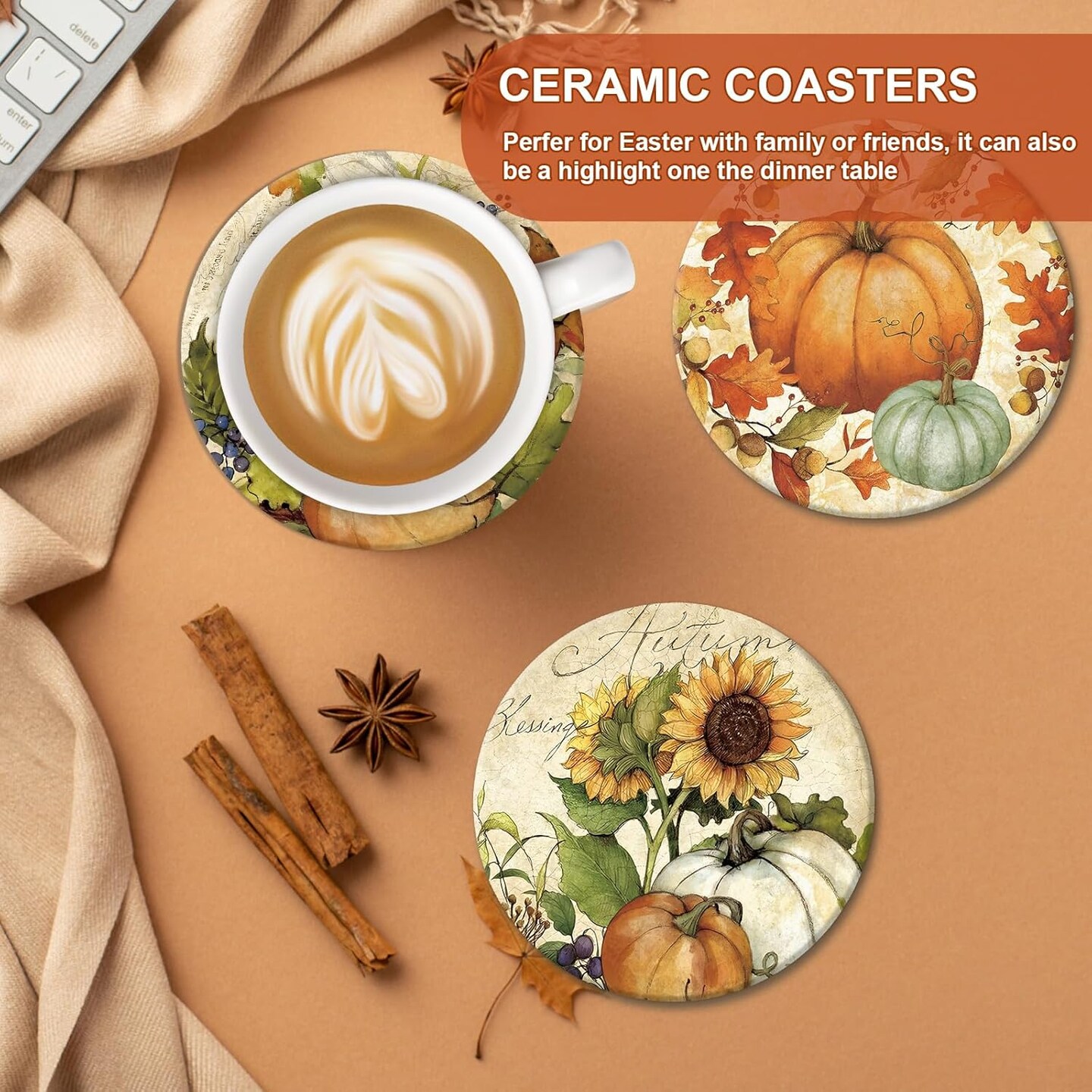 4Pcs Fall Thanksgiving Coasters Vintage Autumn Pumpkin Ceramic Drink Coasters