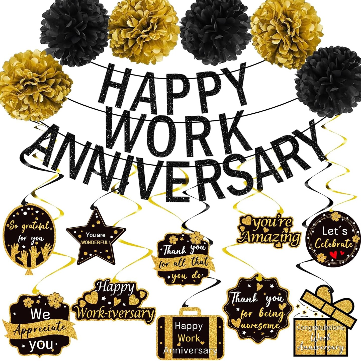Happy Work Anniversary Decorations Black Gold, Happy Anniversary Banner
