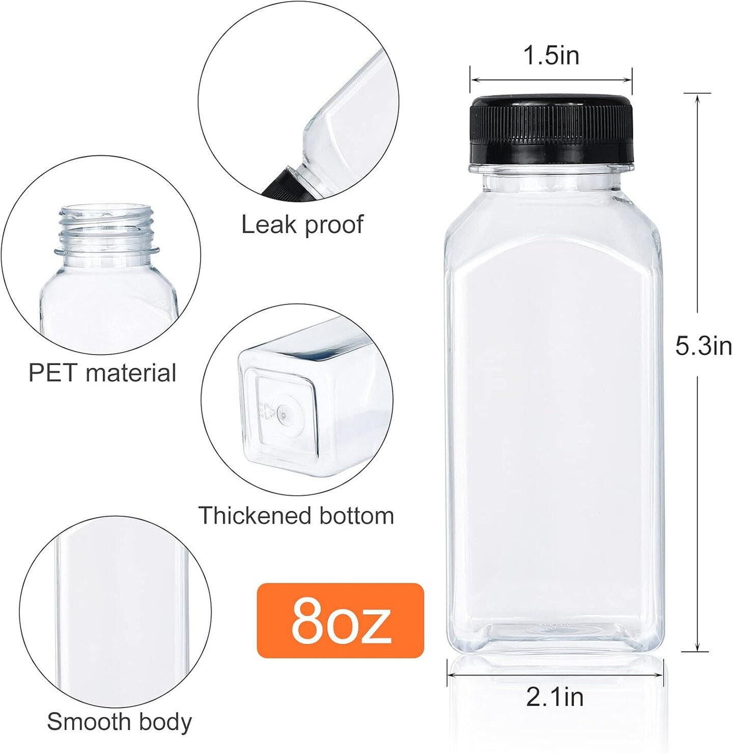 30 Pack 8oz Empty Plastic Bottles with Leak-Proof Caps (Black)