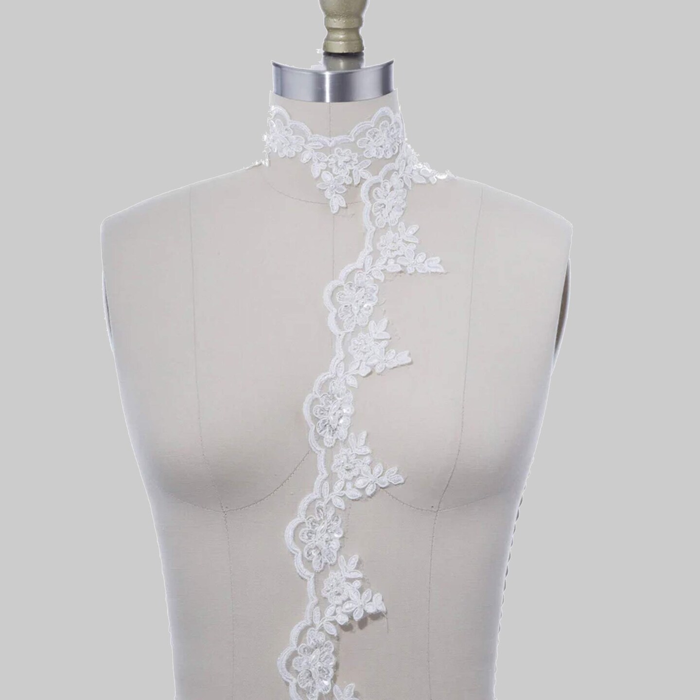 1 Yard White Beaded Arch Style Bridal Lace Trim 2.25 Inch Pearl Veil Edging