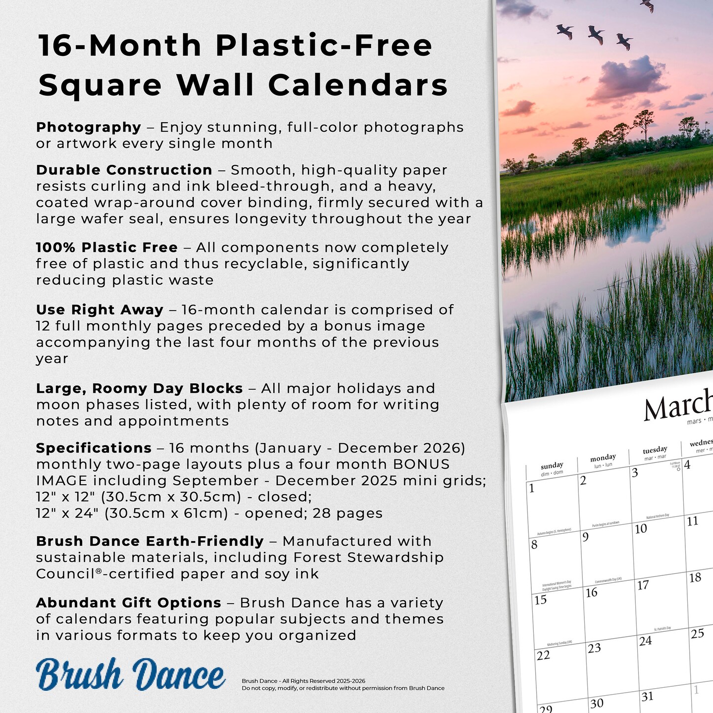 Tranquility | 2026 12 x 24 Inch (Hanging) Monthly Square Wall Calendar | Plastic-Free