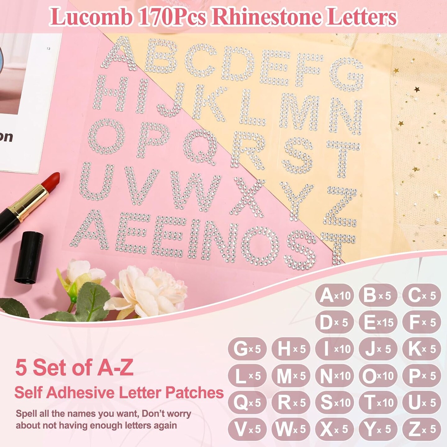 170 Pieces Rhinestone Letters Stickers, 5 Sheets Glitter Self Adhesive Diamond