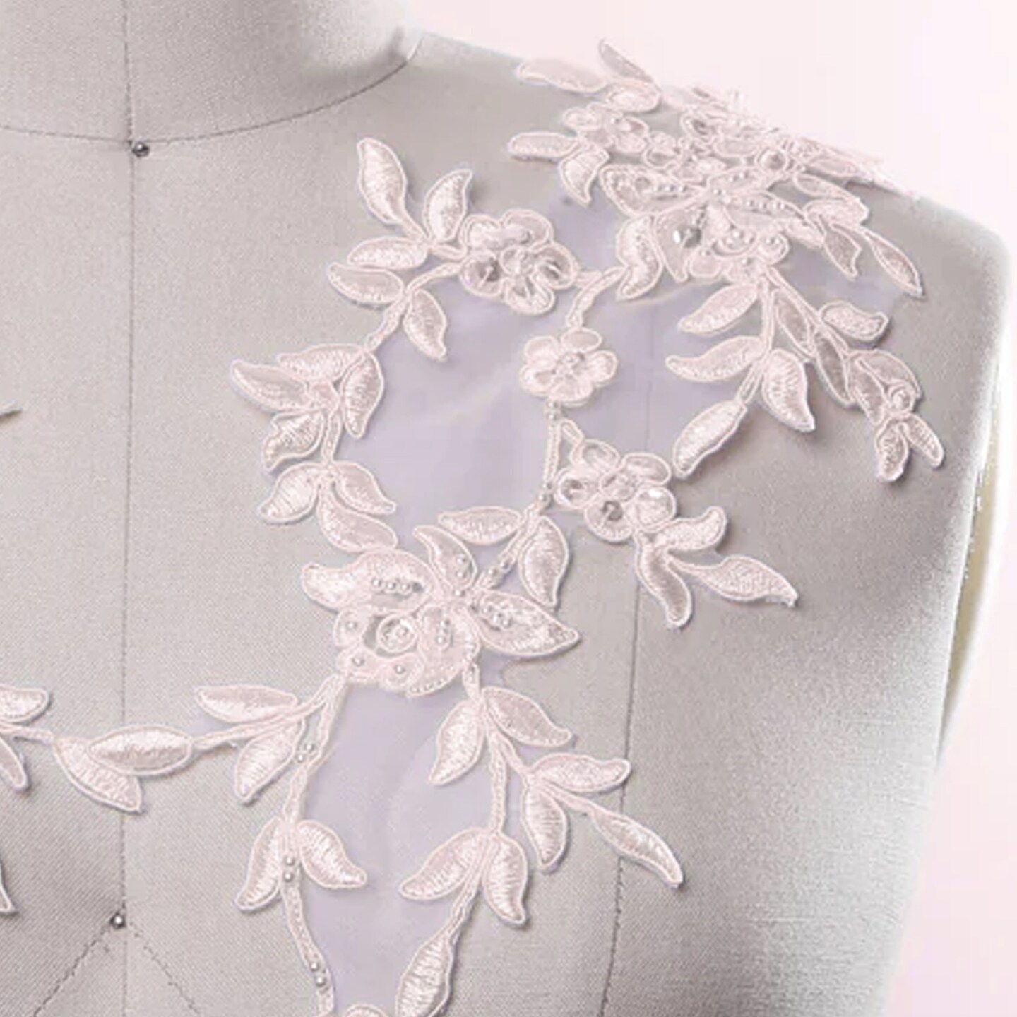 1 Pair Ivory Beaded Floral Lace Applique 16" Elegant Trim For Gowns Or Bridal Veils