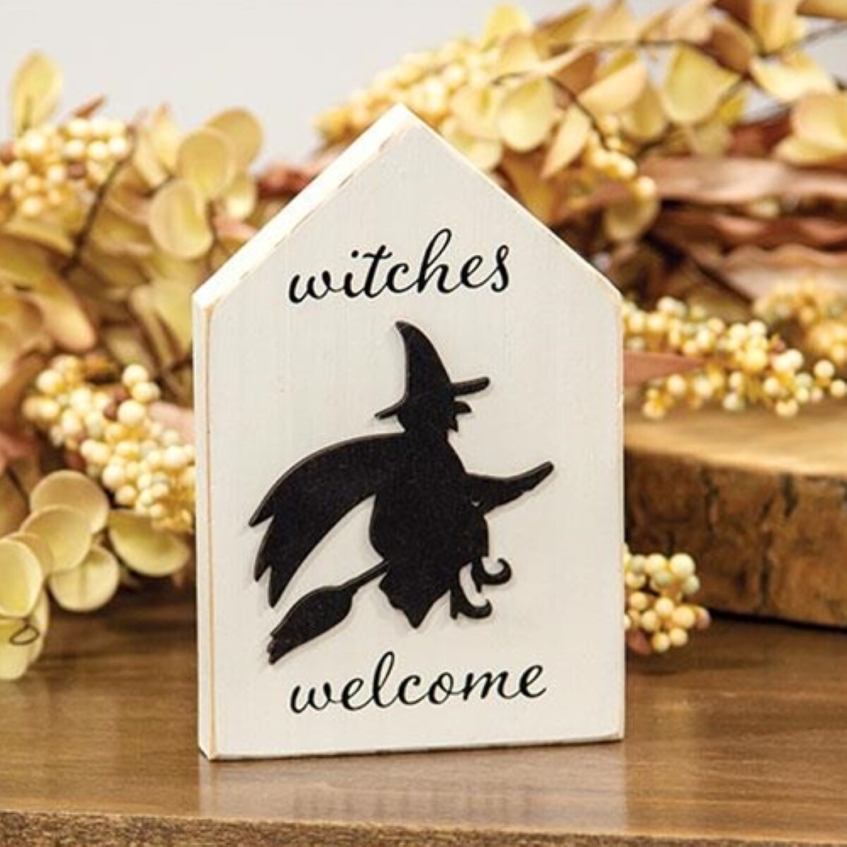 Halloween Witches Welcome Sign Block with Witch Silhouette