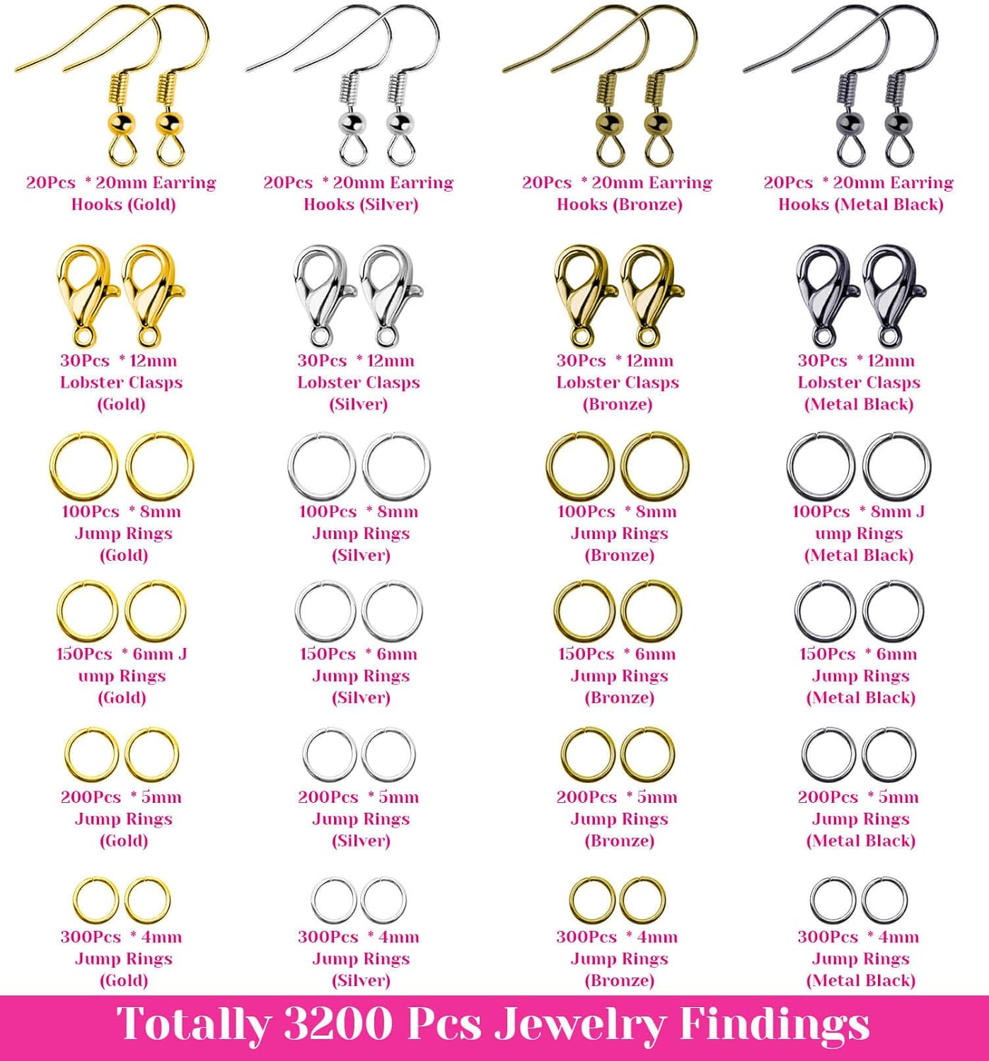 3200Pcs Jewelry Necklace Repair Kit with Jump Rings, Clasps (Bronze)