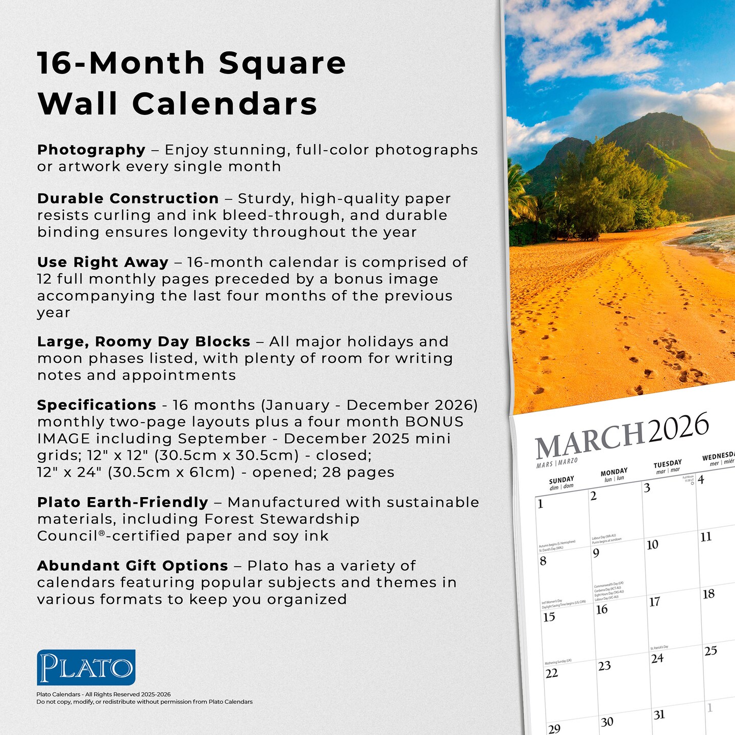 Tropical Islands | 2026 12 x 24 Inch (Hanging) Monthly Square Wall Calendar | Foil Stamped Cover