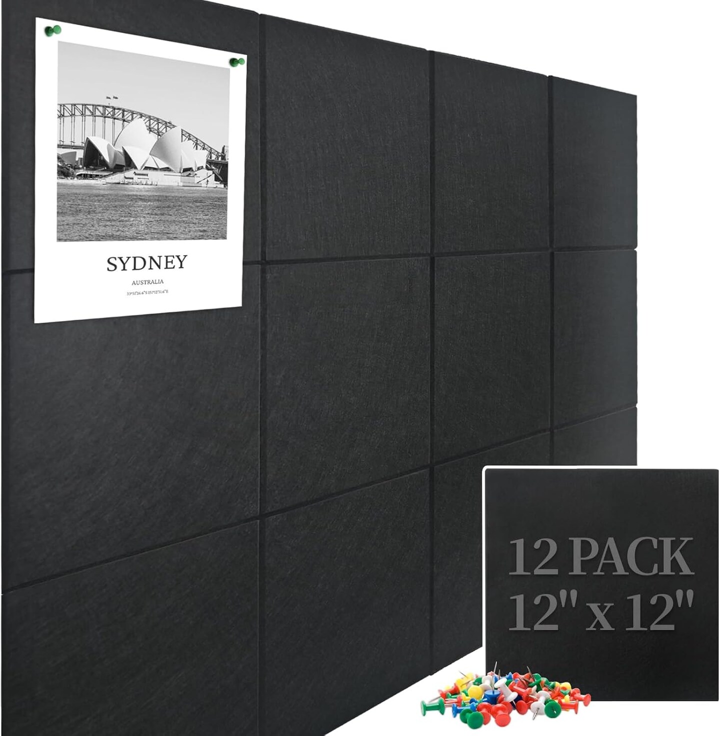 47"x35" 12 Pack Felt Bulletin Board Pin Board with 48 Safe Removable,60 Push Pins (Black)