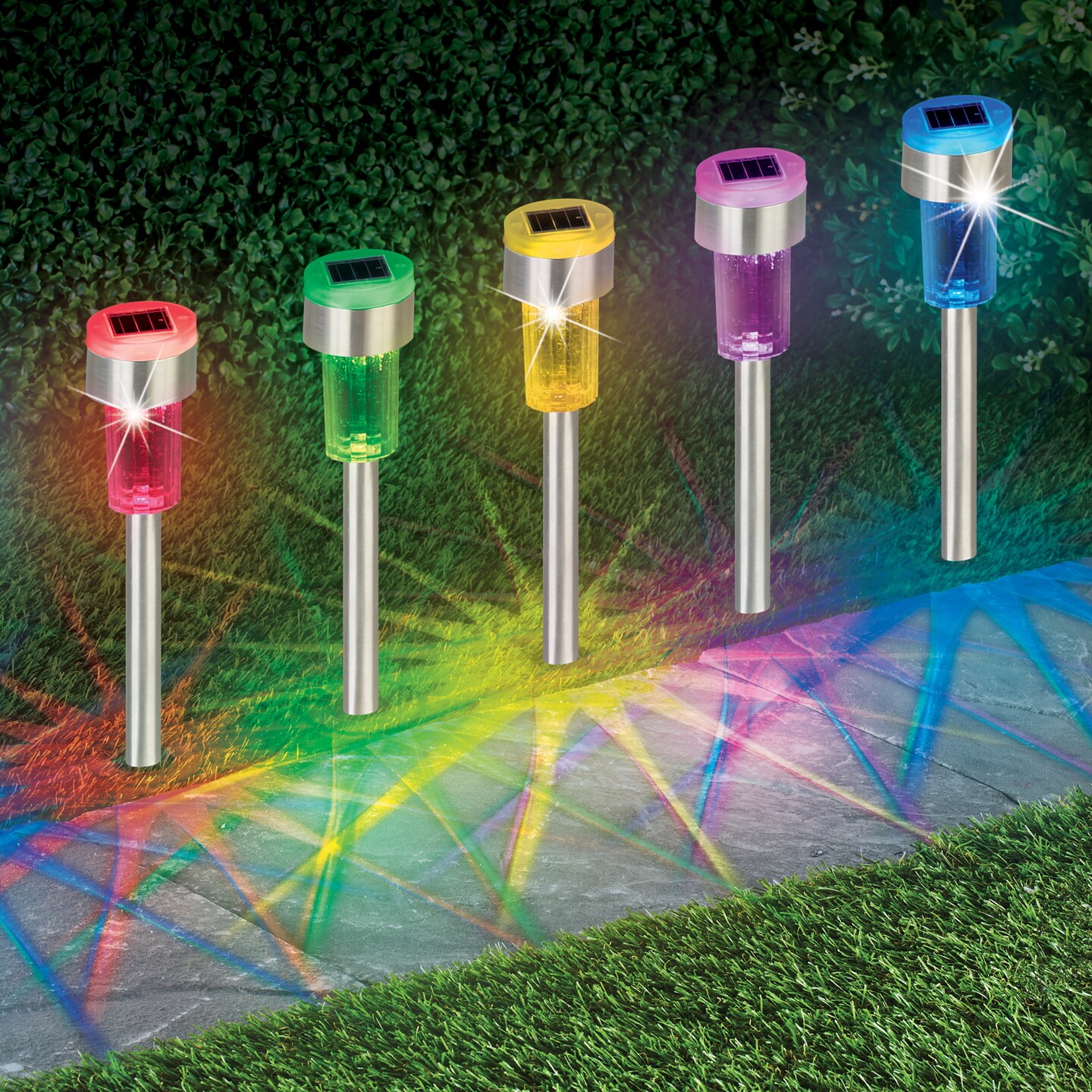 Collections Etc Set of 6 Solar Powered Color Changing Stainless Steel ...