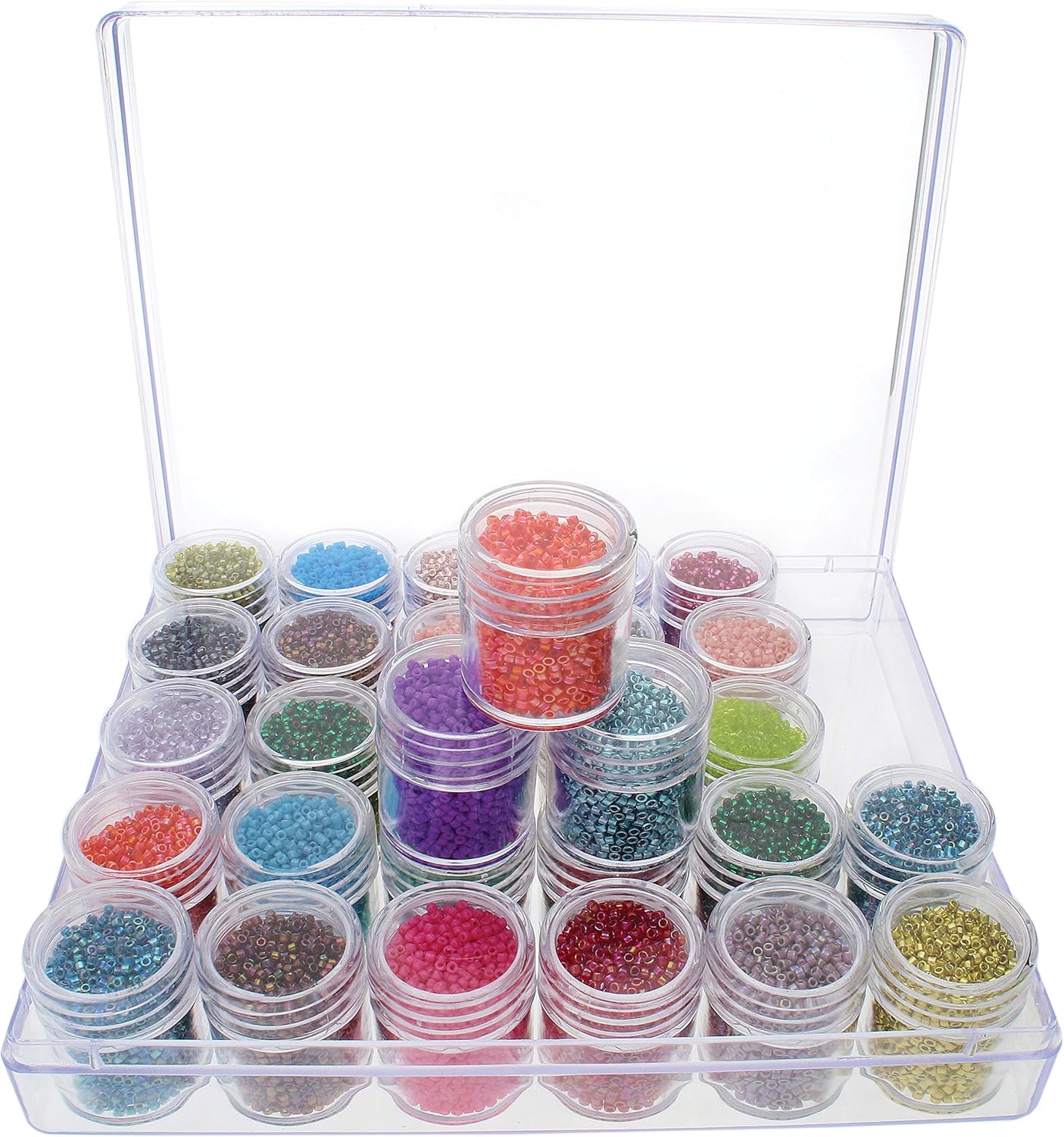 The Beadsmith Personality Case - Clear Storage Organizer Box, 6.4 x 5.4 x 1.25 inches - Includes 30 Small Containers with lids &#x2013; 1 x 1.1 inches, Bead Holder