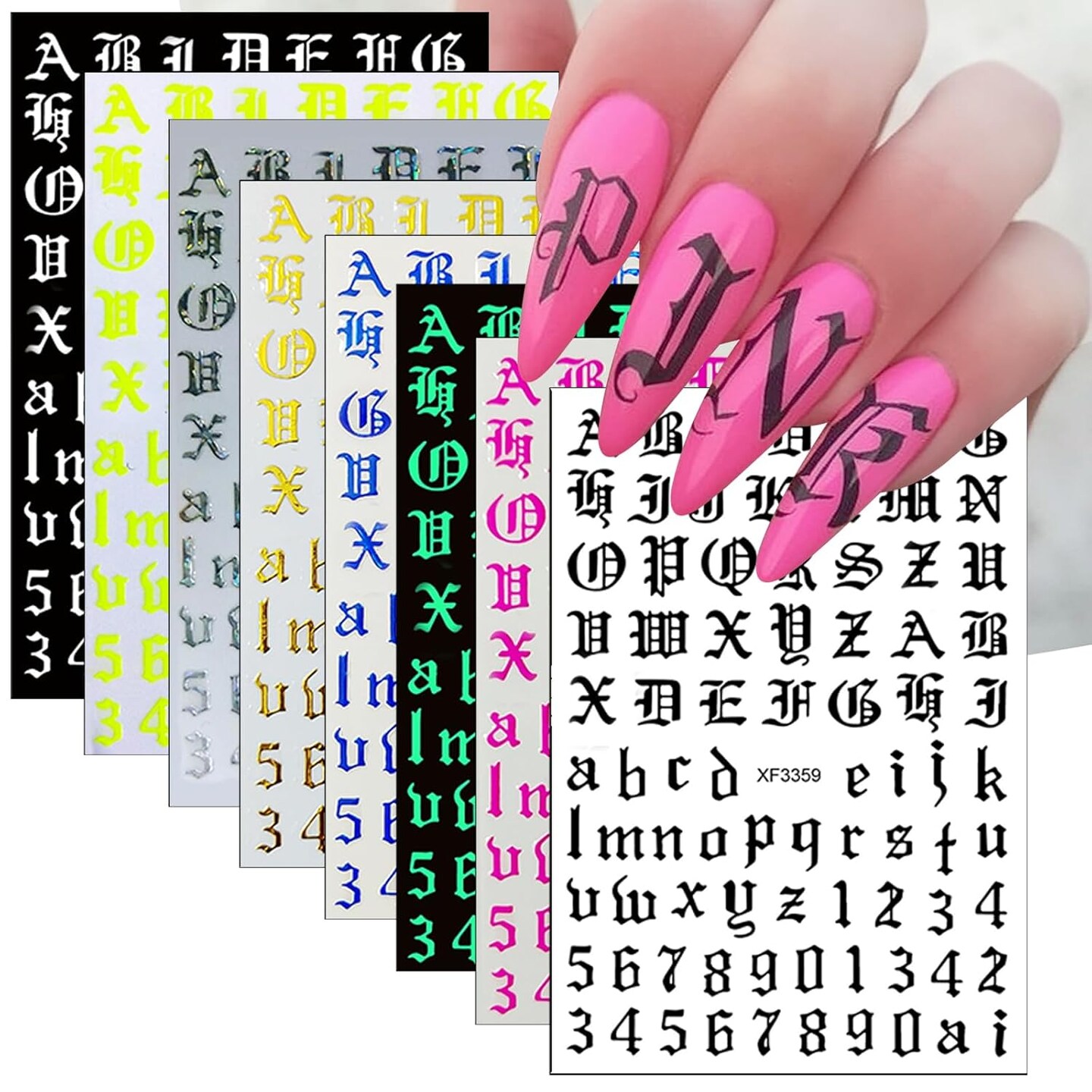 8 Sheets Old English Nail Sticker 3D Self-Adhesive (Multicolor) 3.9 x 3.15 x 0.03 inches
