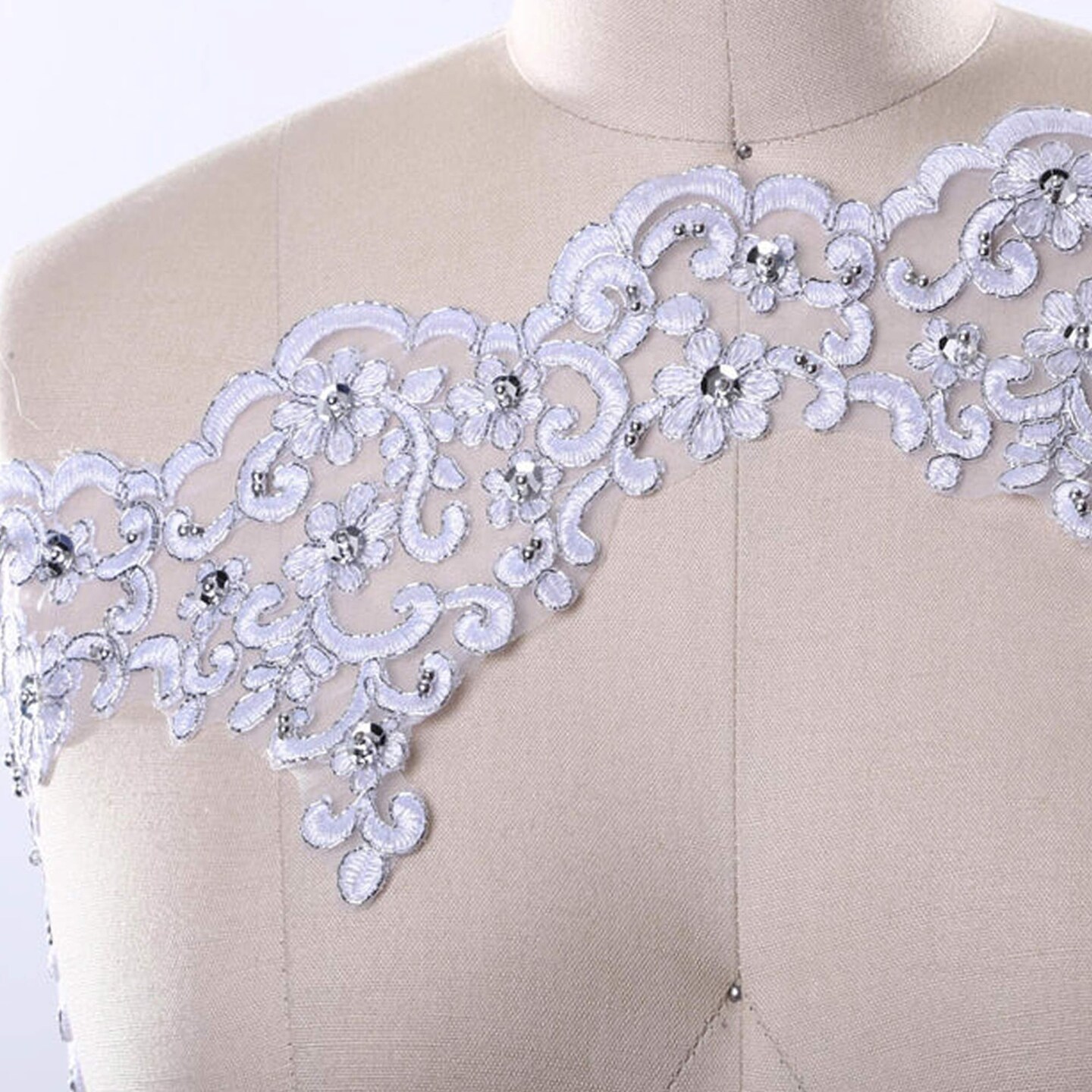 1 Yard 5.5 Inch Wide Silver Bridal Beaded Veil Lace Trim Wedding Sequined Edging