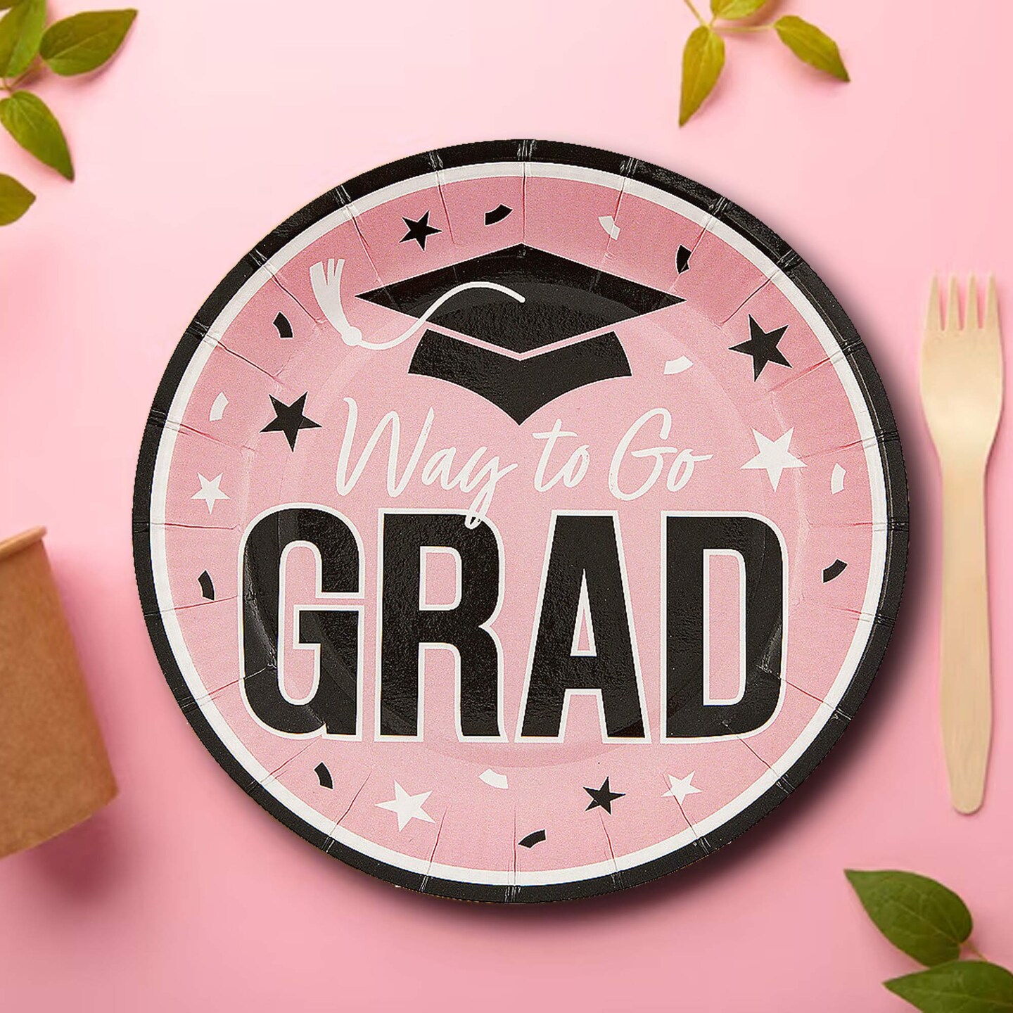 25 Count Pink Way to Go Grad Disposable Paper Dessert Plates 7 1/4 Inch Graduation Party Supplies