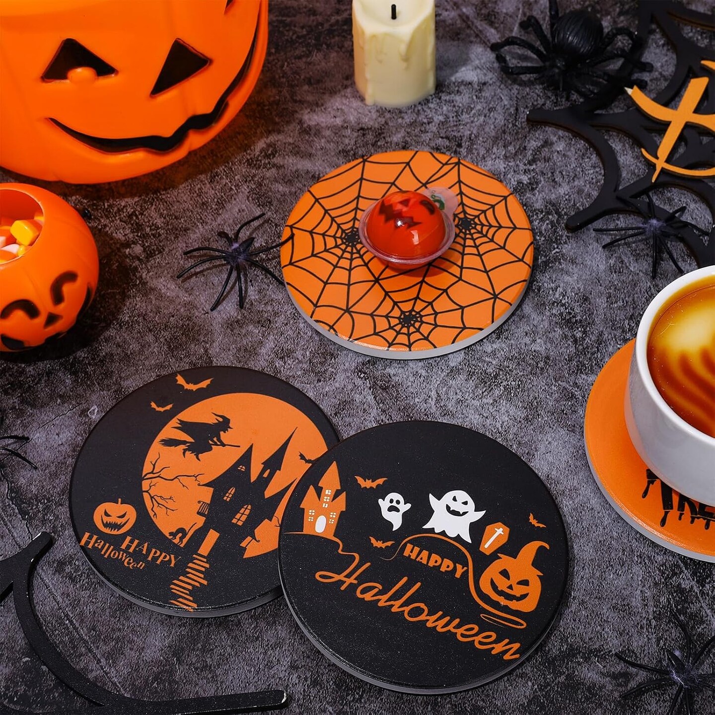 4Pcs Halloween Coasters Orange Black Round Ceramic Coaster Trick