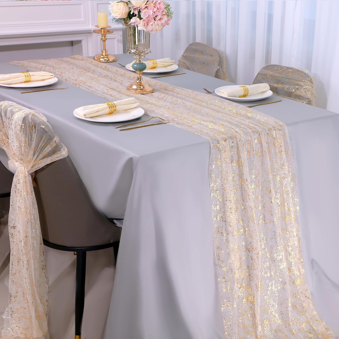 6Pcs 10 Ft Gold Table Runners - Sheer Chiffon Tulle Cheesecloth (Gold)