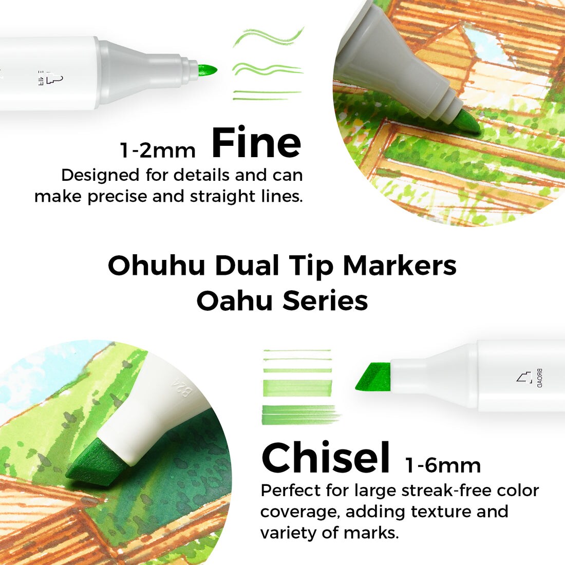 Ohuhu Oahu 40 Colors Alcohol Markers - Chisel &#x26; Fine Dual Tips - Double Tipped Art Marker Set for Artists Adults Coloring Illustration