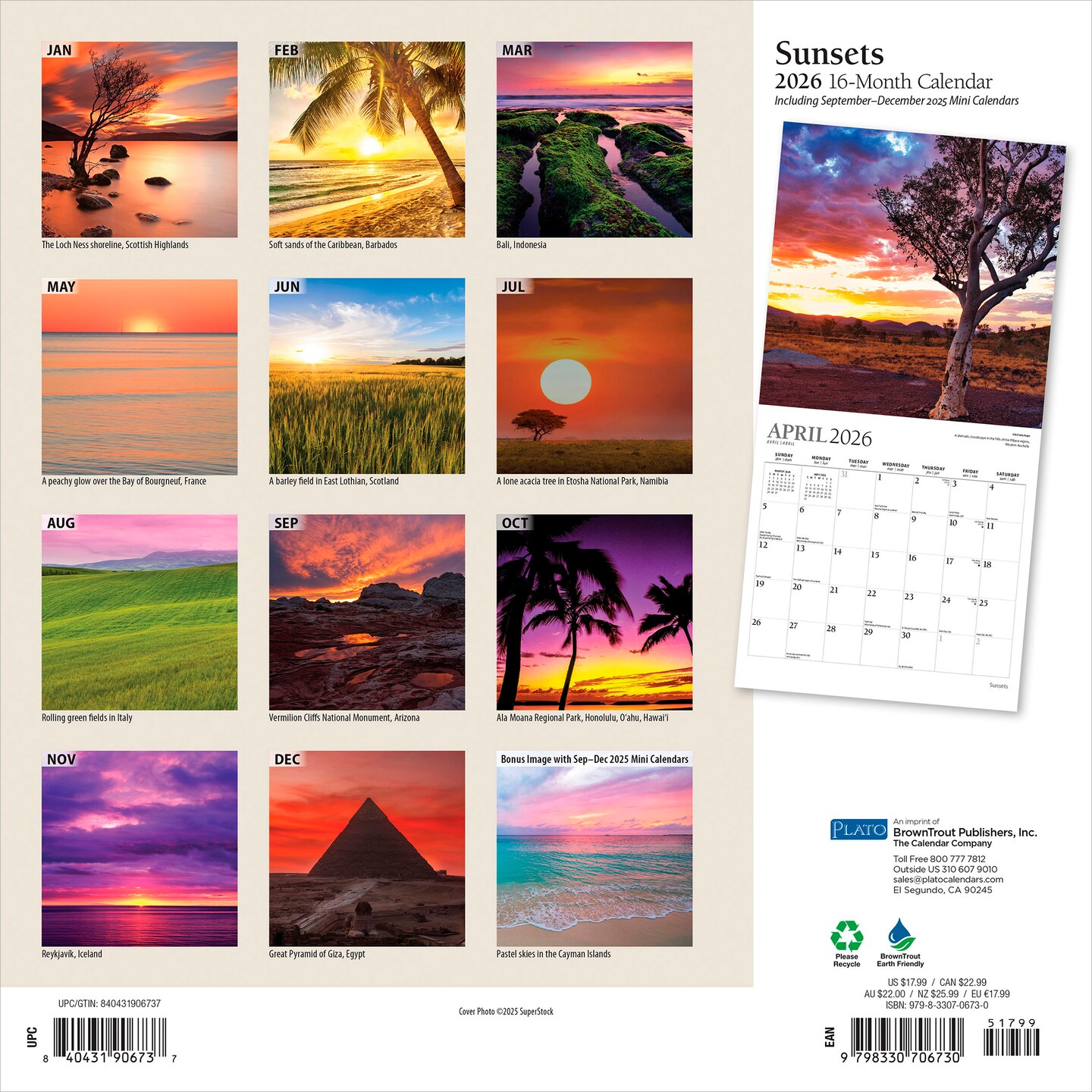 Sunsets | 2026 12 x 24 Inch (Hanging) Monthly Square Wall Calendar | Foil Stamped Cover
