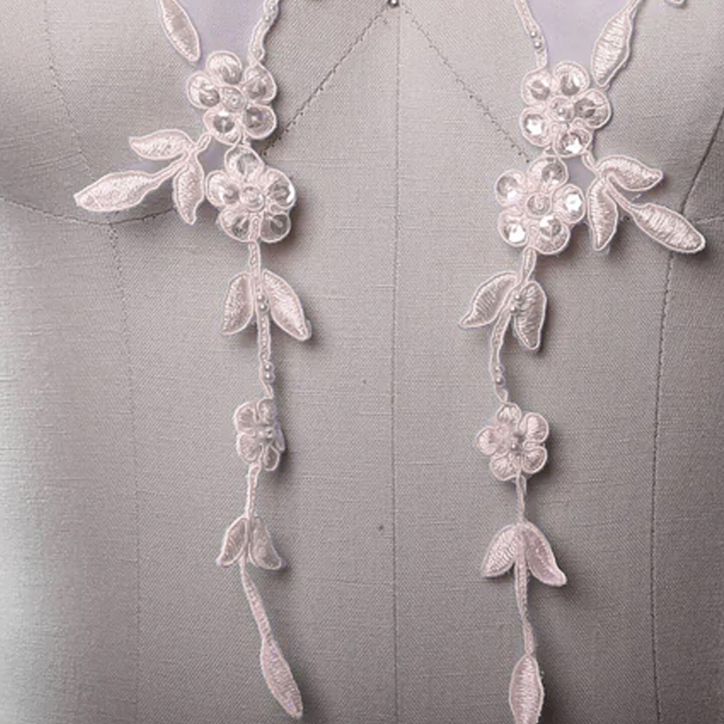 1 Pair Ivory Beaded Floral Lace Applique 16" Elegant Trim For Gowns Or Bridal Veils