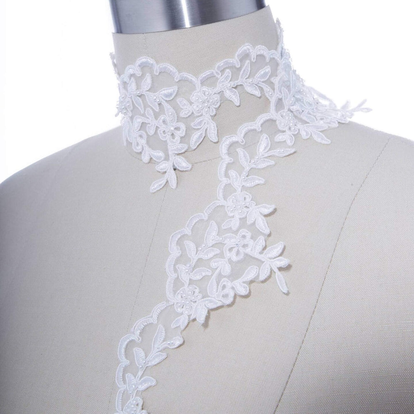 1 Yard 3 Inch Wide White Polyester Bridal Lace Trim Leaf Motif Beaded Scalloped Edging