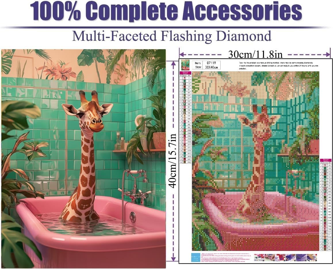 Giraffe Diamond Art Kits for Adults,DIY 5D Giraffe in The Bathtub Diamond Painting for Beginners,Round Full Drill Diamond Dots Paintings Picture Gem Art Craft for Home Wall Art Decor Gifts 12x16inch
